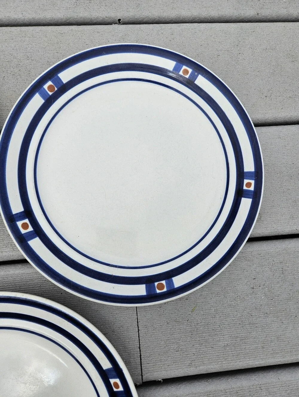 Mikasa White Dinner Plates with Navy Blue and Brown Accent - Set of 3